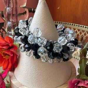 1950's Glitz Black and White Glass Bead Cha Cha Expander Japan Bracelet